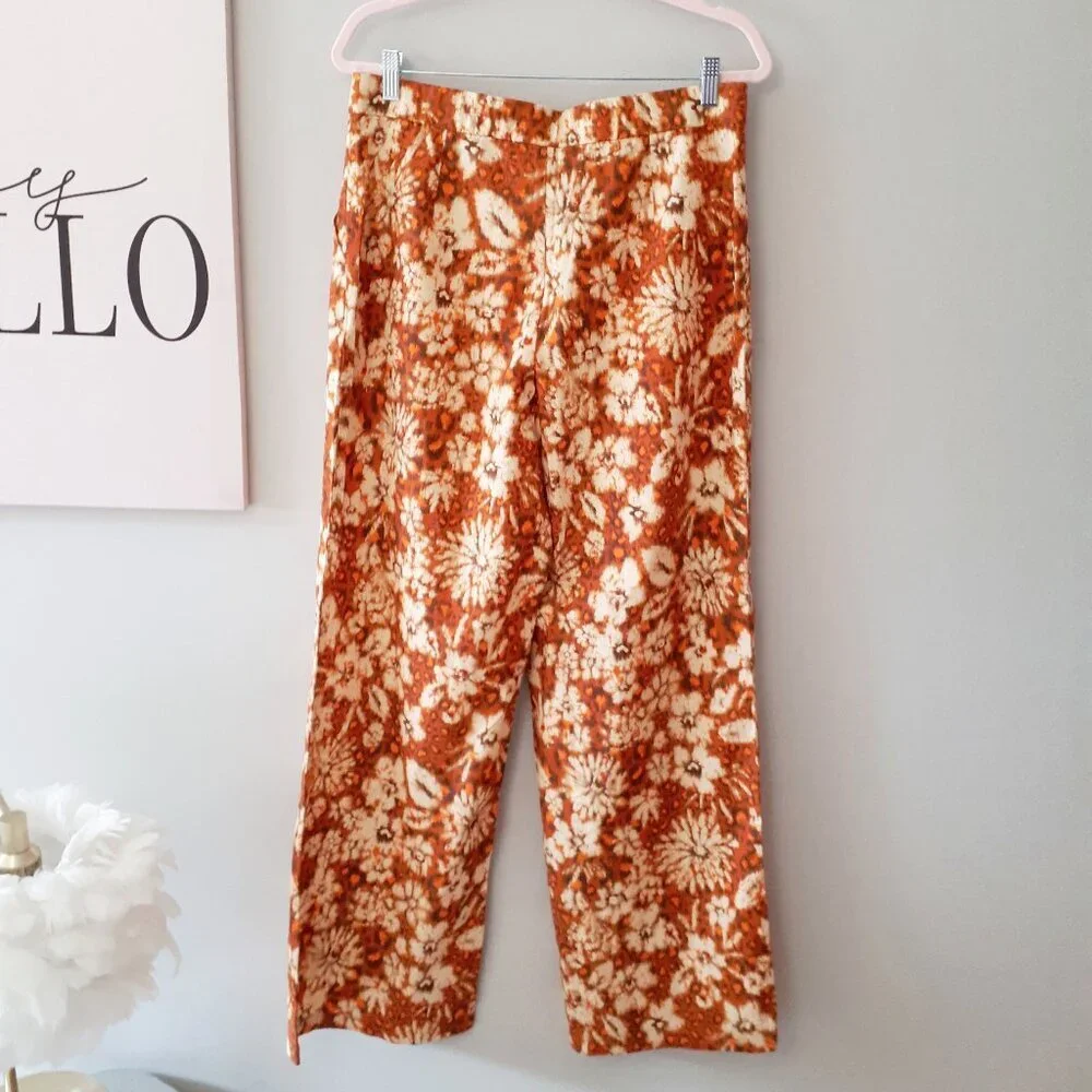 Zara Burnt Orange Floral Wide Leg Pants High Waist Boho Retro XL - Picture 11 of 16
